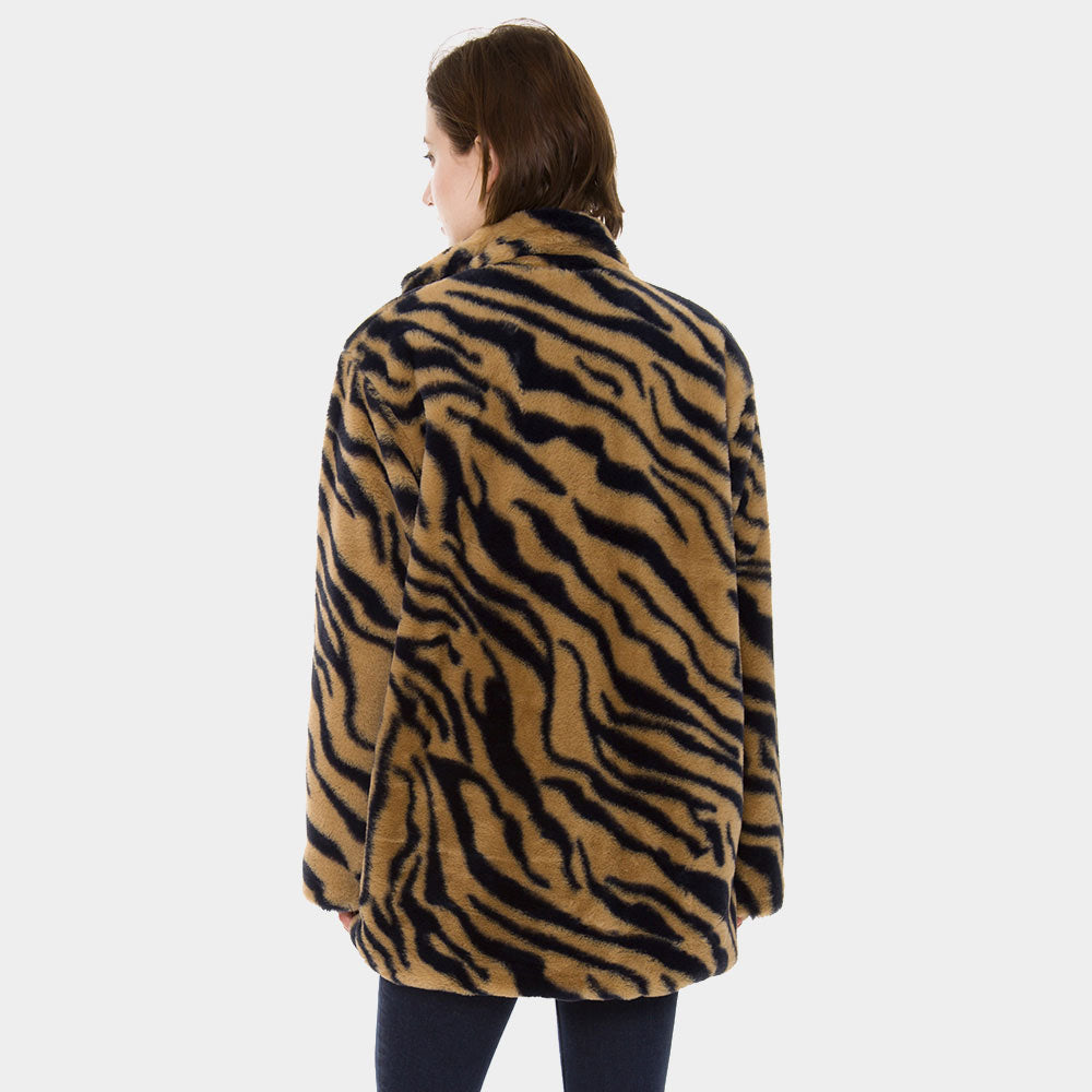 Brown and Black Tiger Zebra Print Faux Fur Zip Up Jacket