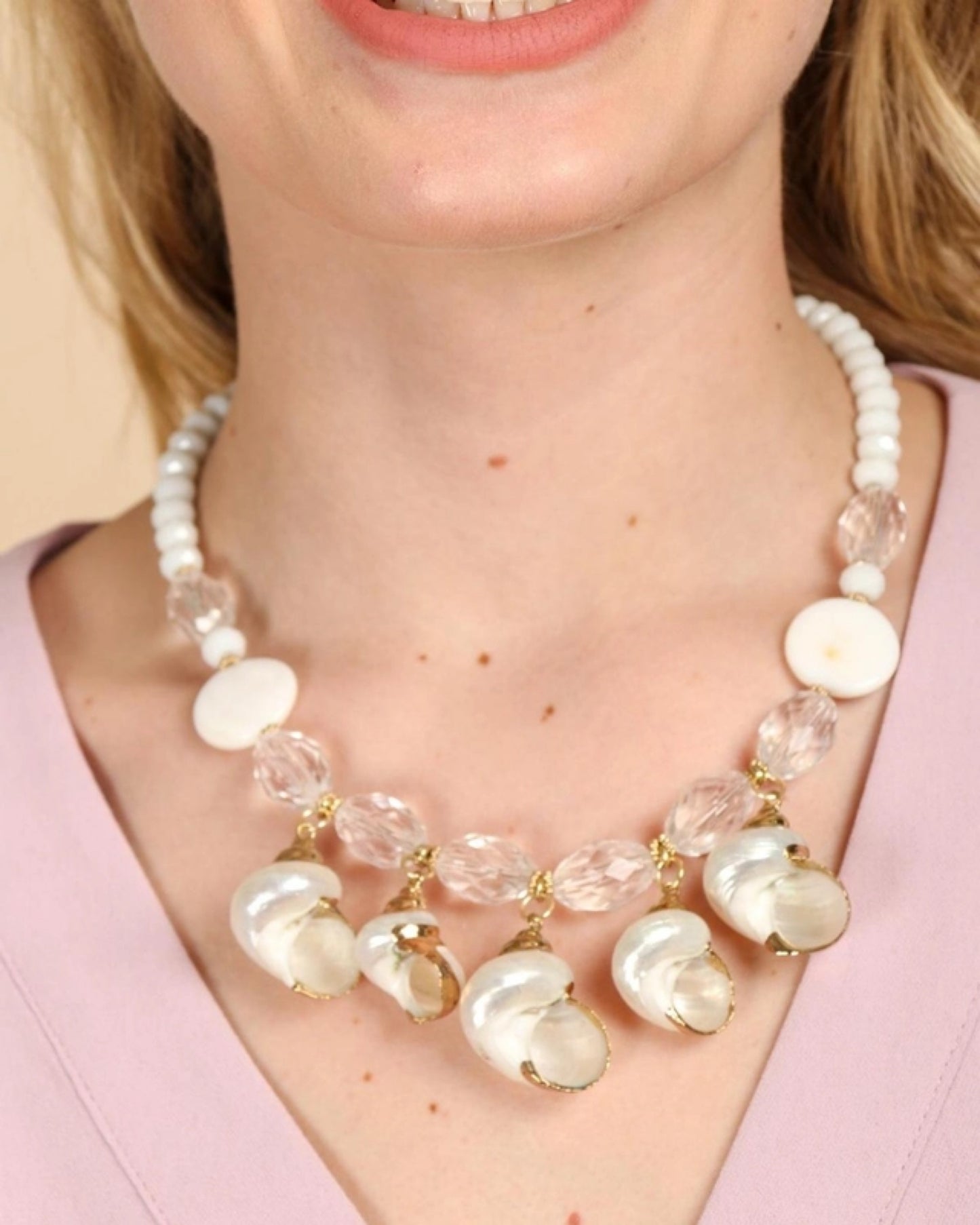 Beige Glass and Shell Beaded Statement Necklace