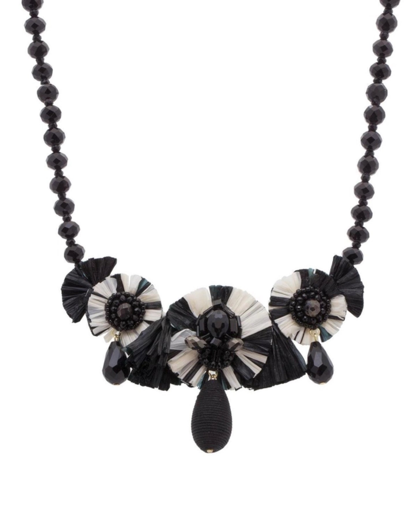 Black Beaded and Raffia Statement Necklace