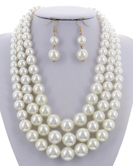 Triple Strand Chunky Pearl Necklace and Earrings Set