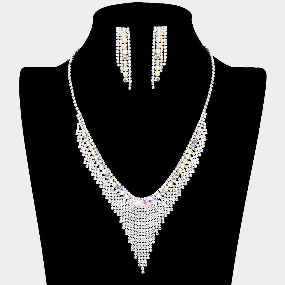 Faux Crystal V Shaped Necklace and Earring Jewelry Set