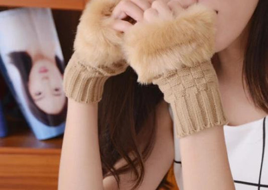 Faux Fur Fingerless Gloves - Tan