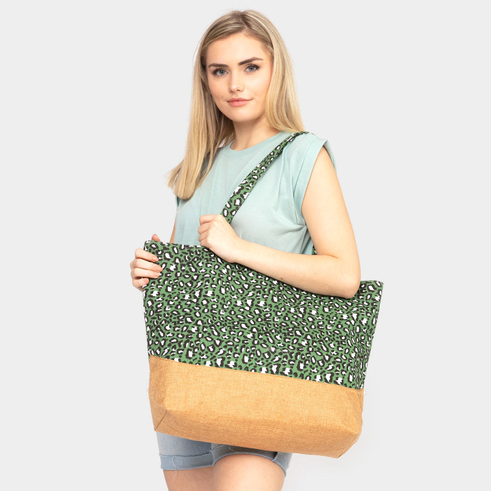 Green Leopard Print Beach Bag