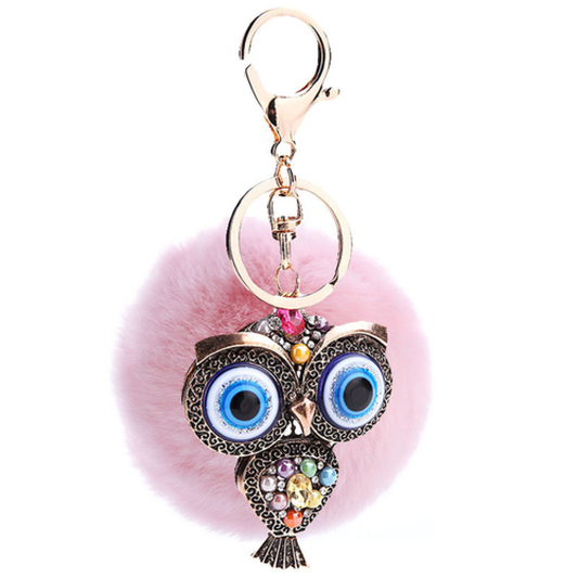Fur and Rhinestone Owl Key Chain- Pink