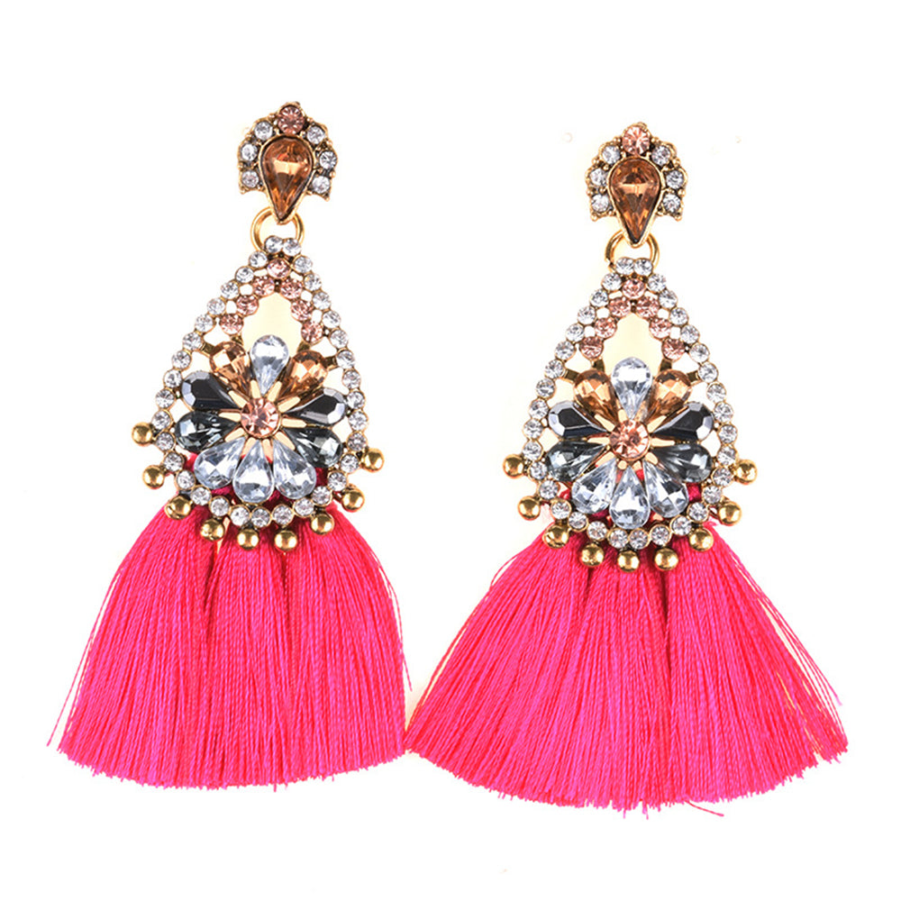 AJS Pink Tassel and Rhinestone Earrings