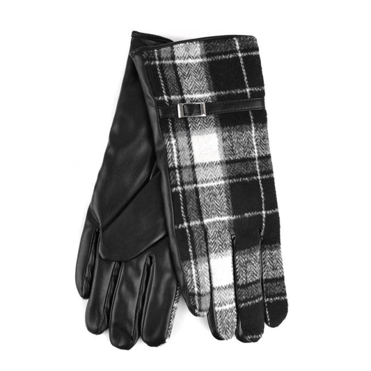 Touchscreen Gloves - Black and White Plaid Flannel and Faux Leather
