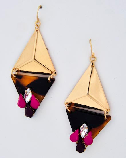 Purple and Tortoise Goldtone Diamond Shaped Dangling Earrings