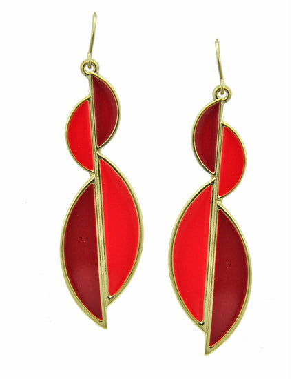 Twist and Curve Red and Goldtone Dangling Earrings