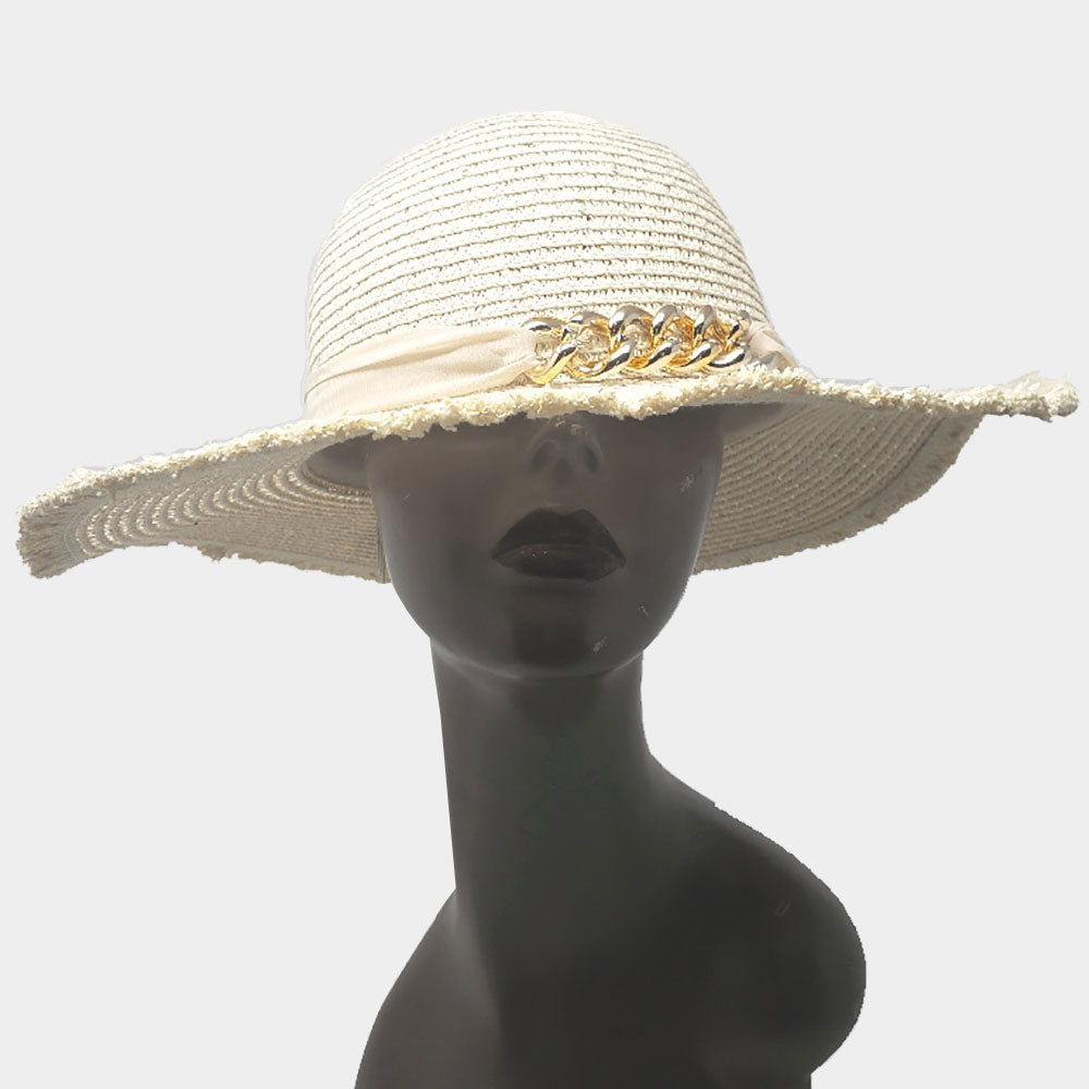 White Frayed Edge Chain Embellished Summer Beach Hat