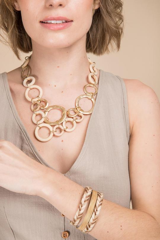 Wood and Brass Layered Circle Statement Necklace