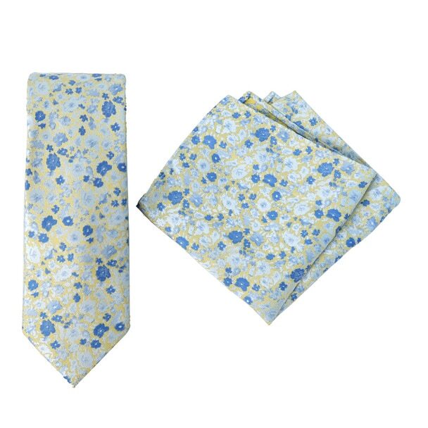 Floral Light Yellow and Blue Microfiber Woven Tie and Hanky Set