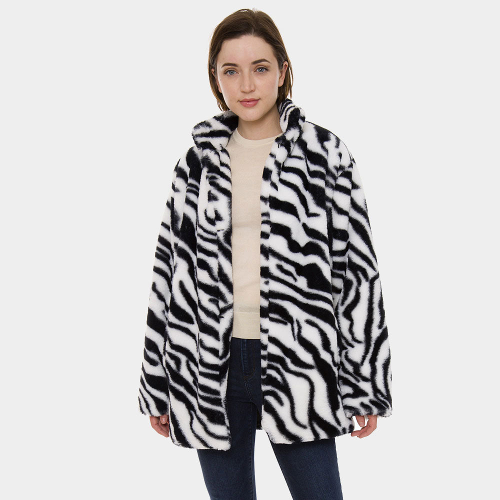 Black and White Zebra Print Faux Fur Zip Up Jacket