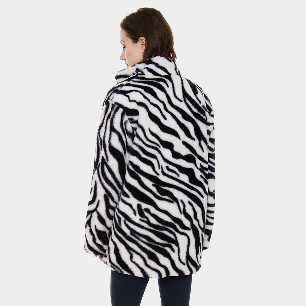Black and White Zebra Print Faux Fur Zip Up Jacket